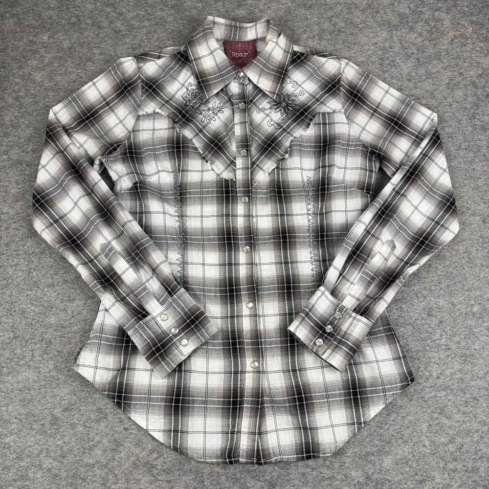 Roar Pearl Snap Shirt Long Sleeve Plaid Embroidered Cotton Womens Large L
